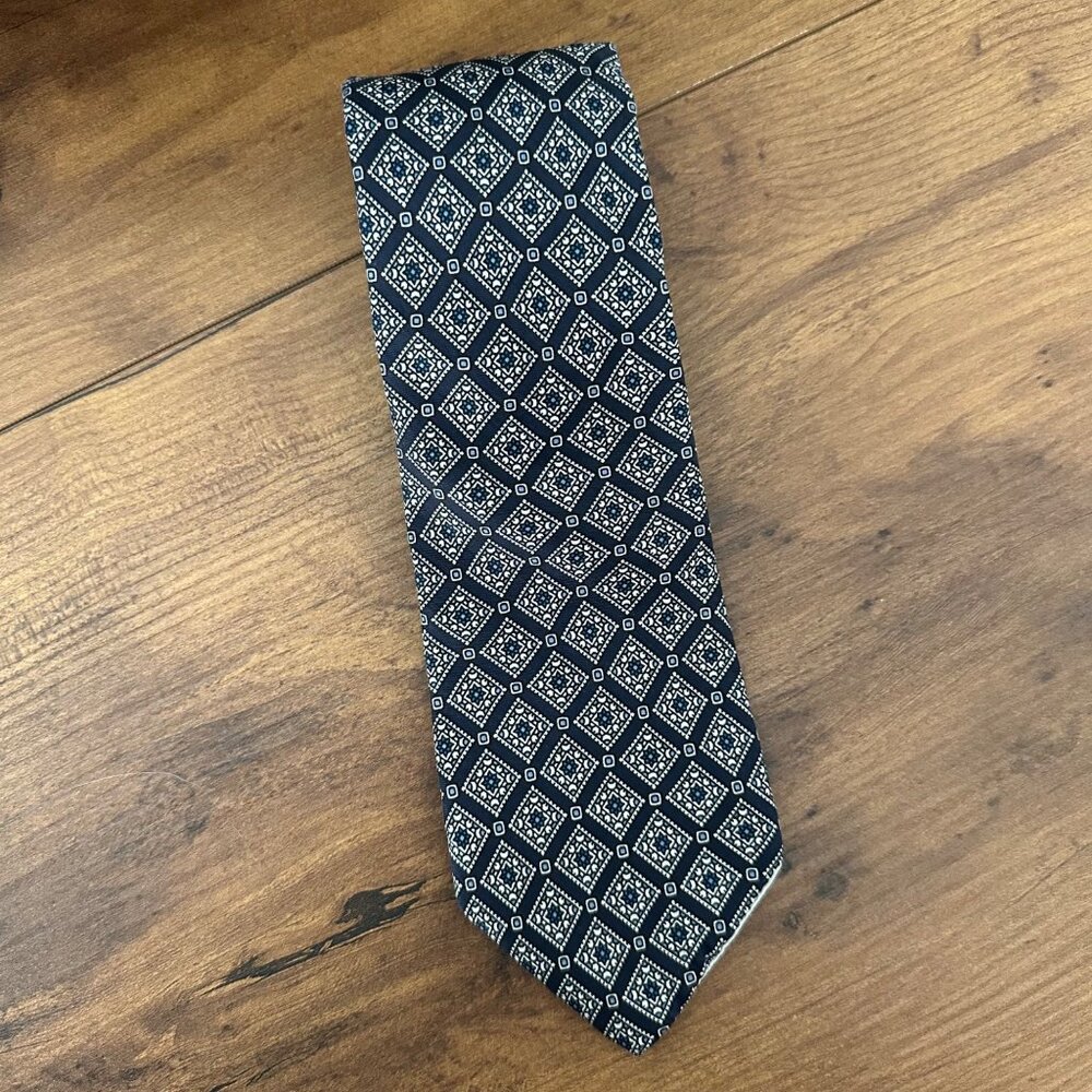 Christian Dior Cravates Tie Silk Black Gray Geometric Mosaic Graphic Print O/S